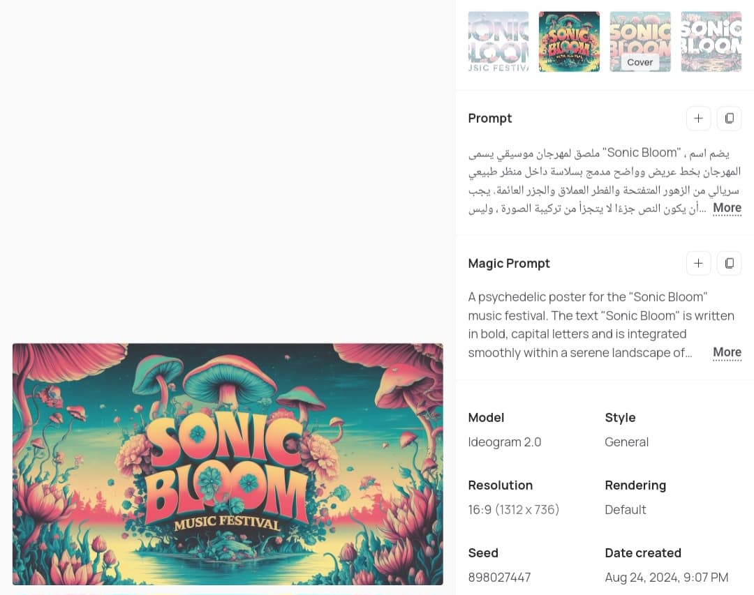 إنشاء صورة إعلانية لمهرجان موسيقي باستخدام Ideogram 2.0، حيث أثبت قدرته على توليد الكلمات داخل الصورة بكفاءة تامة