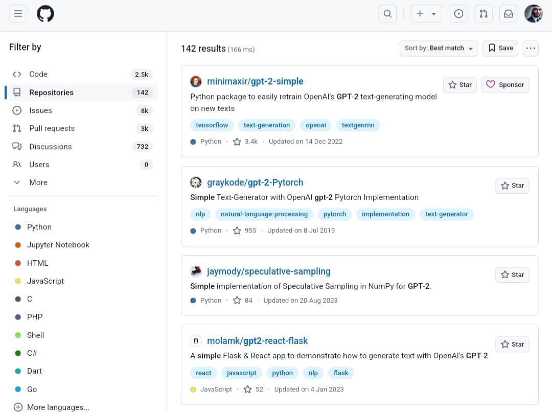 نتائج البحث و الفلاتر في GitHub لمشاريع الذكاء الاصطناعي