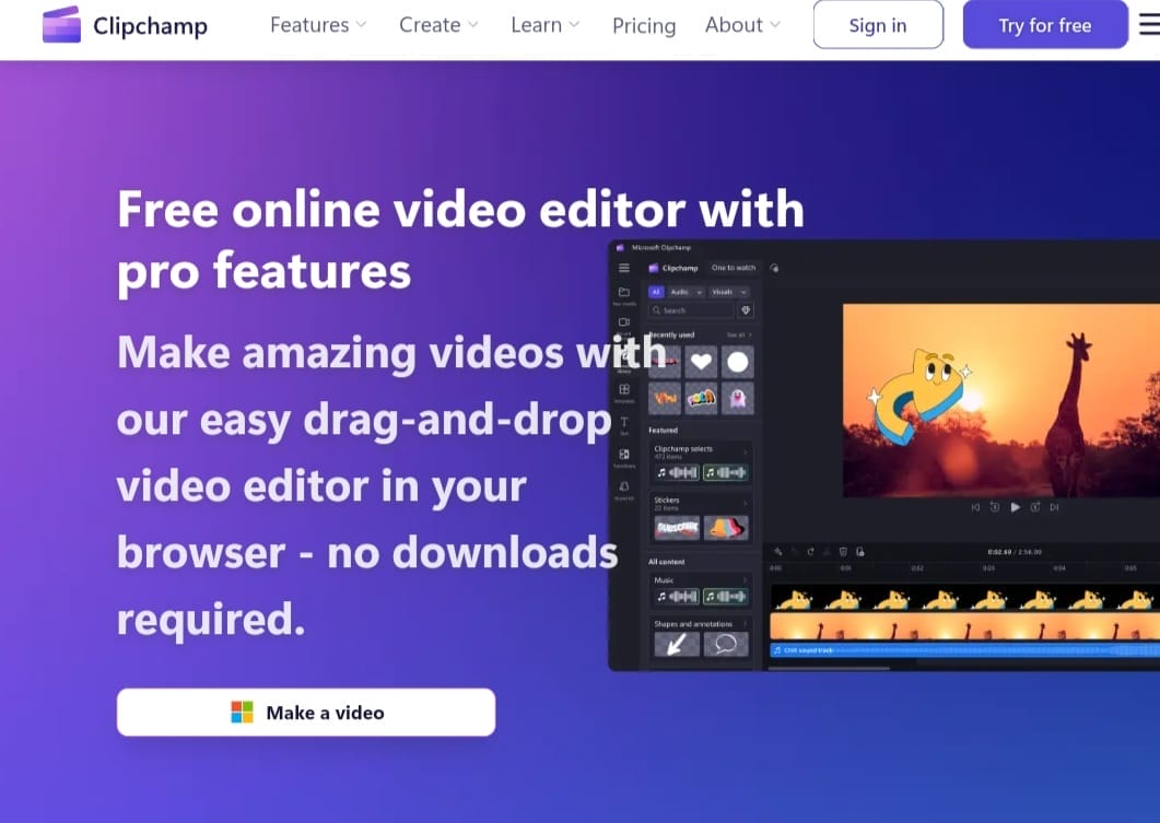 واجهة Clipchamp لتعديل الفيديوهات أونلاين مجانًا